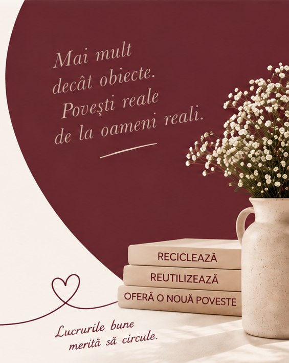 Compoziție burgundy cu mesaj despre povești reale, flori albe, vază crem, cărți despre reutilizare și o linie în formă de inimă